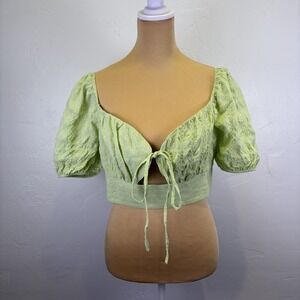 Beivy Woman's Smocked Crop Top Size L Green Checked Peasant Milk maid Bohemain